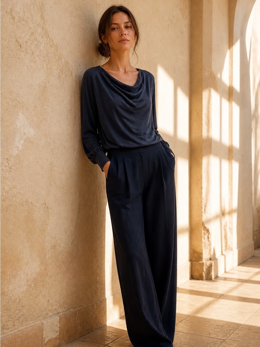 Comptoir Des Cotonniers Navy Draped-Neck Top